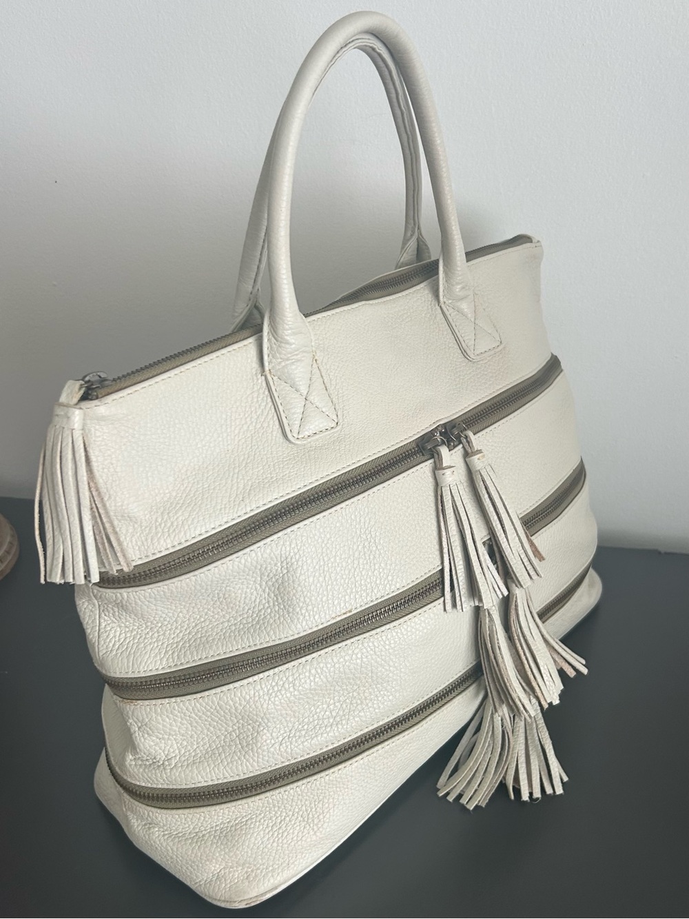 Pallie Bags Cream Pebbled Leather Multi Zip Tote Shoulder Bag Work Laptop - Picture 4 of 13
